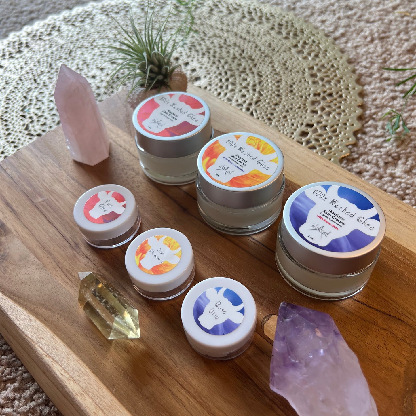 All three types of 1 oz. jars and three types of sample sizes of 100x Washed Ghee Ayurvedic Skin Cream are on a wooden board with crystals and an air plant.
