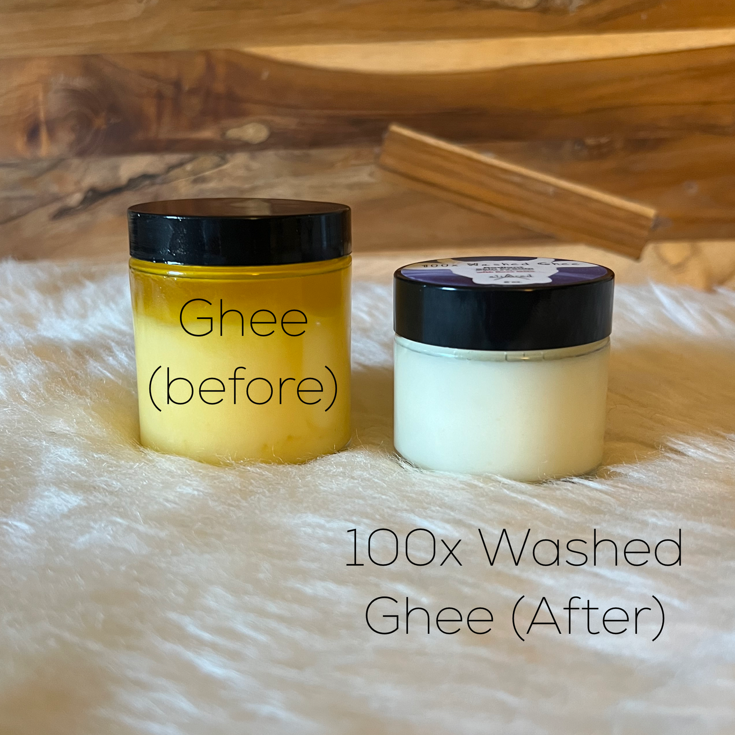 Two clear glass jars of ghee with black lids. One shows the ghee before it's washed 100 times (yellow and oily) and the other is a jar after it's been washed 100 times (white and creamy) - 100x Washed Ghee Ayurvedic Skin Cream (Shata Dhauta Ghrita).