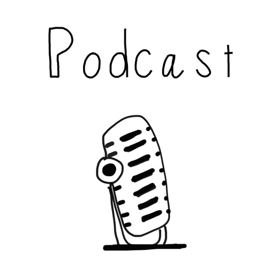 Amarylis's black and white drawing of a podcast mic with the text